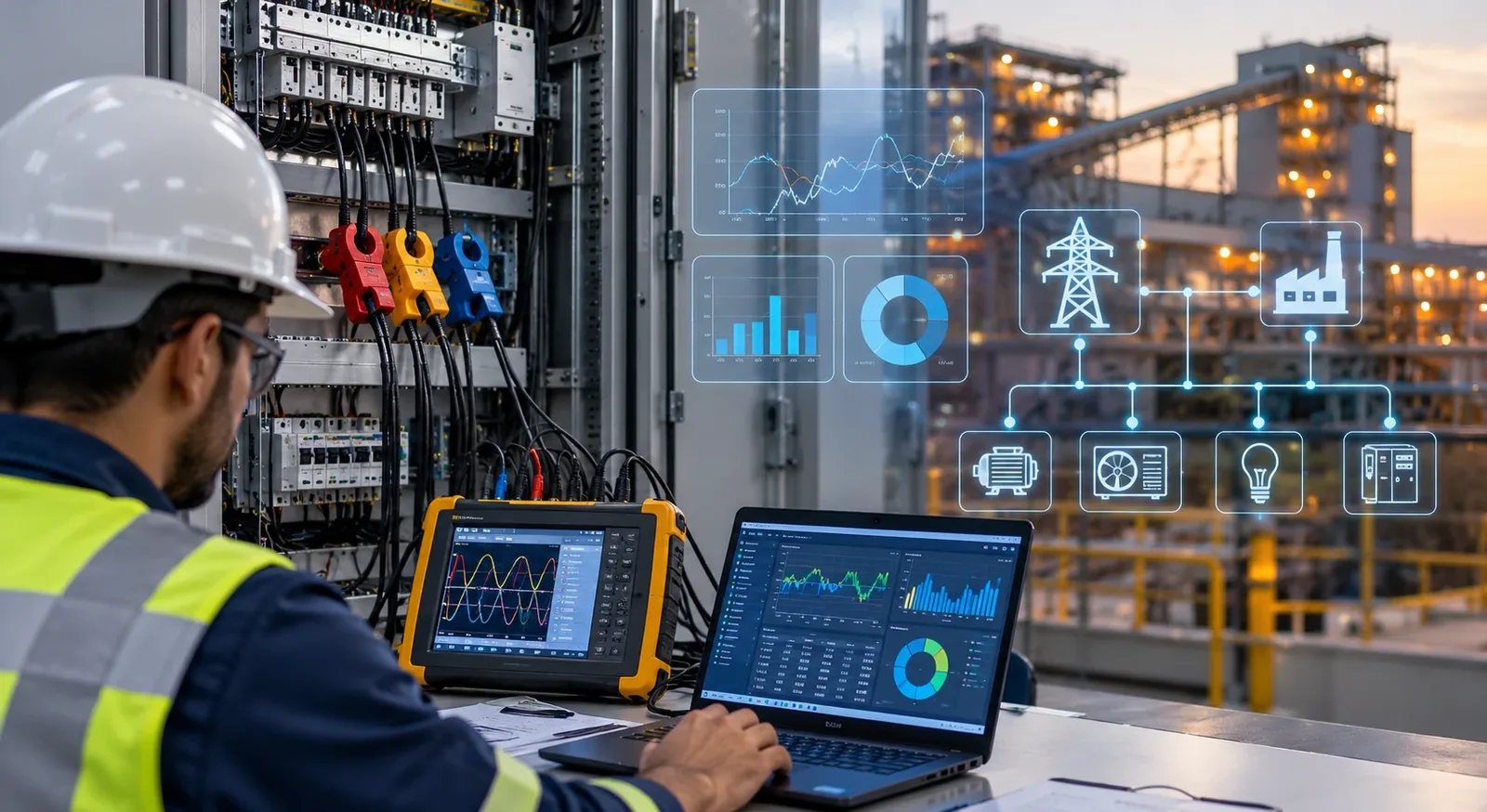 Technicien réalisant une analyse de réseau avec un analyseur de qualité d'énergie