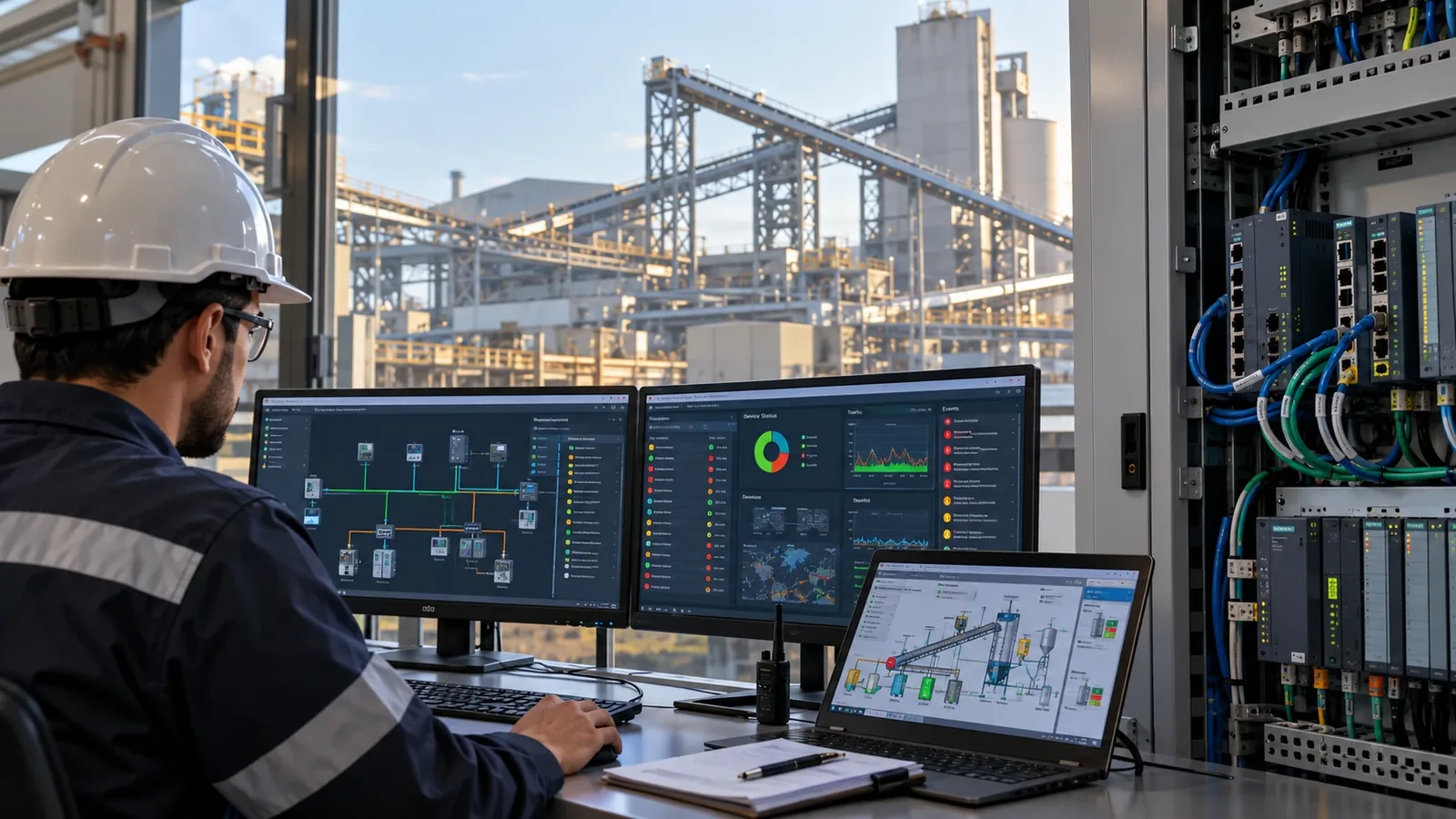 Ingénieur supervisant un réseau OT industriel avec switch et automates