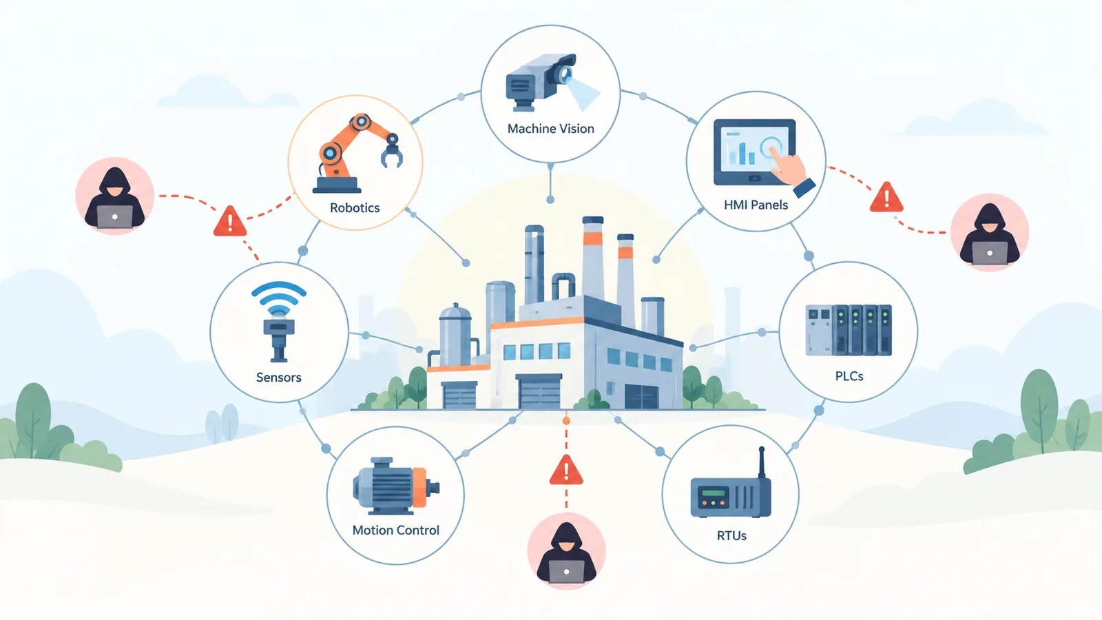 Schéma d'un réseau OT industriel (PLC, HMI, capteurs, RTU) exposé aux cybermenaces